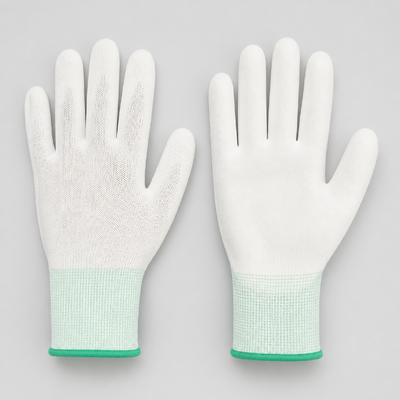 Witte PU-gecoate ESD-handschoenen van nylon met een weerstand van 10e6-10e9 Ohm voor statisch gevoelige hantering